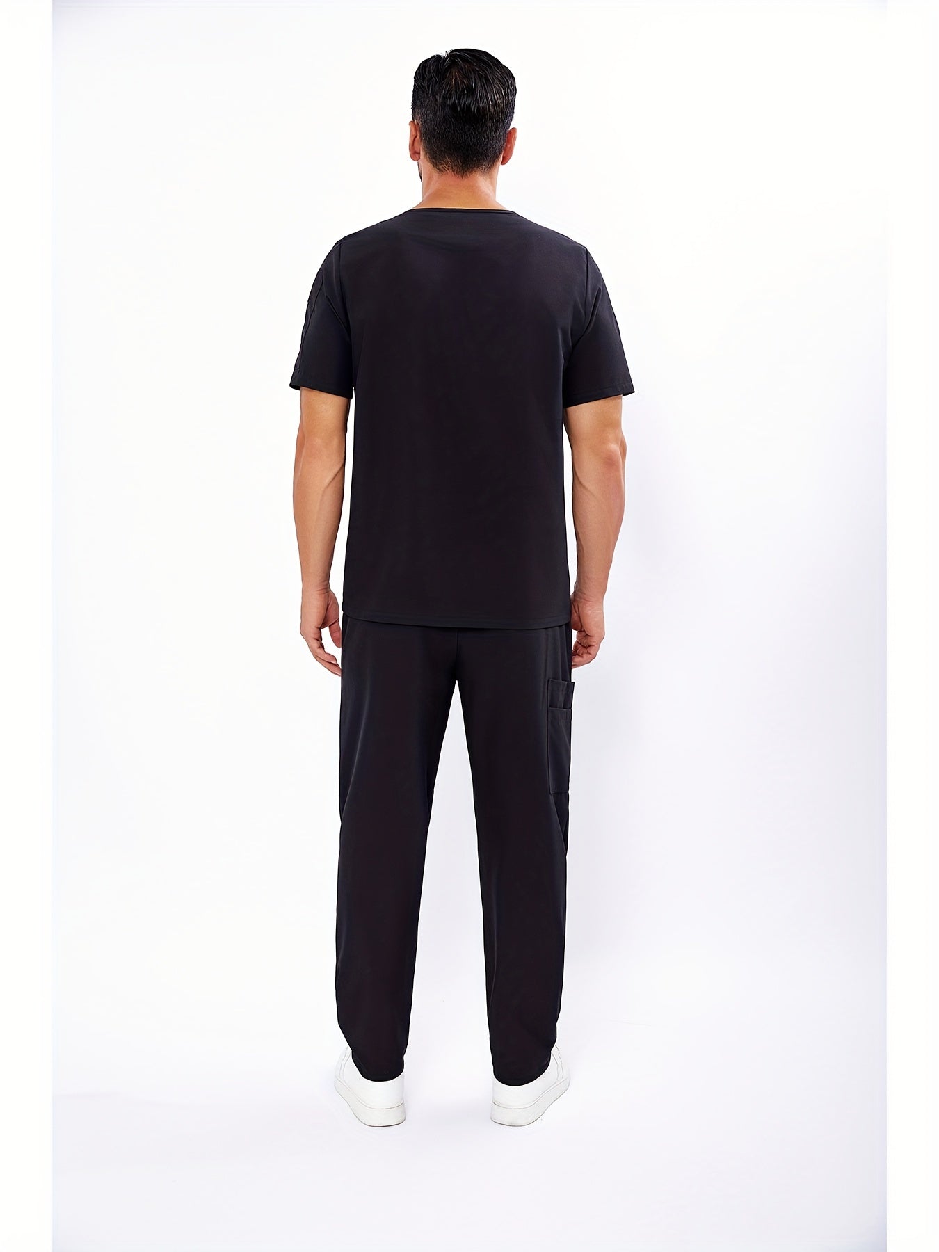 Men's V-Neck Scrubs Set With Multiple Pockets, Solid Color Comfortable Utility Workwear Top And Pants Set - Healthcare Vibes