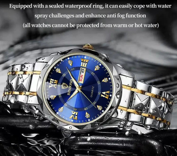 BINBOND Top Brand Luxury Fashion Quartz Watch, Mens, Waterproof, Stainless Steel Quartz Wristwatch - Healthcare Vibes