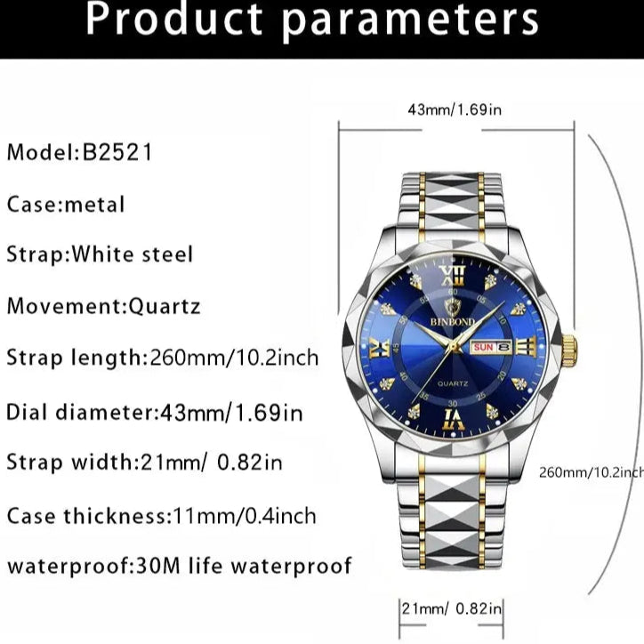 BINBOND Top Brand Luxury Fashion Quartz Watch, Mens, Waterproof, Stainless Steel Quartz Wristwatch - Healthcare Vibes