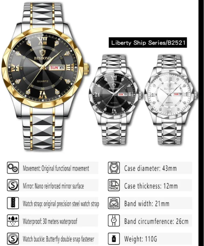 BINBOND Top Brand Luxury Fashion Quartz Watch, Mens, Waterproof, Stainless Steel Quartz Wristwatch - Healthcare Vibes