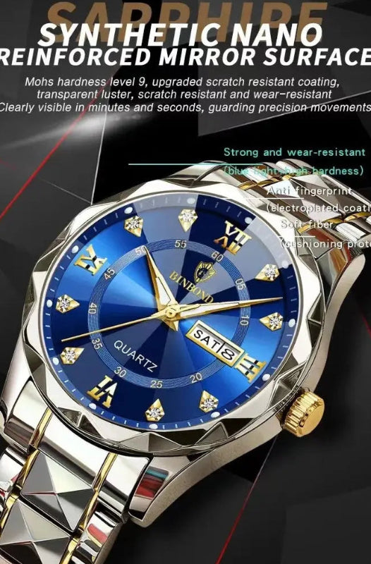 BINBOND Top Brand Luxury Fashion Quartz Watch, Mens, Waterproof, Stainless Steel Quartz Wristwatch - Healthcare Vibes