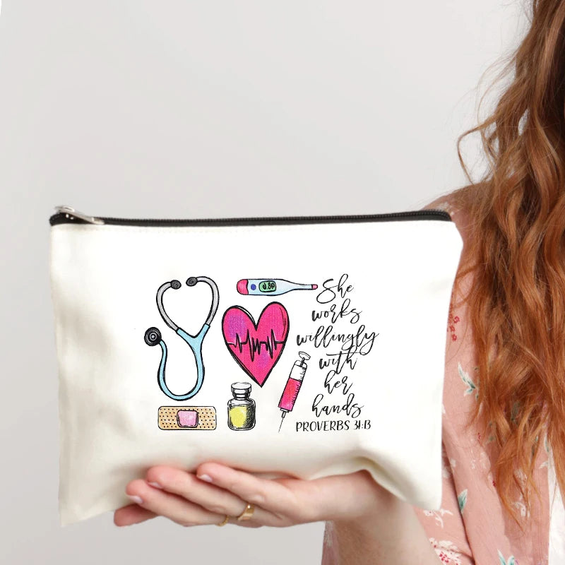 2024 White Minimalist Nurse Makeup Bag Medical Literature Storage Bag Trendy Versatile Travel Essential Wash Bag Birthday Gift