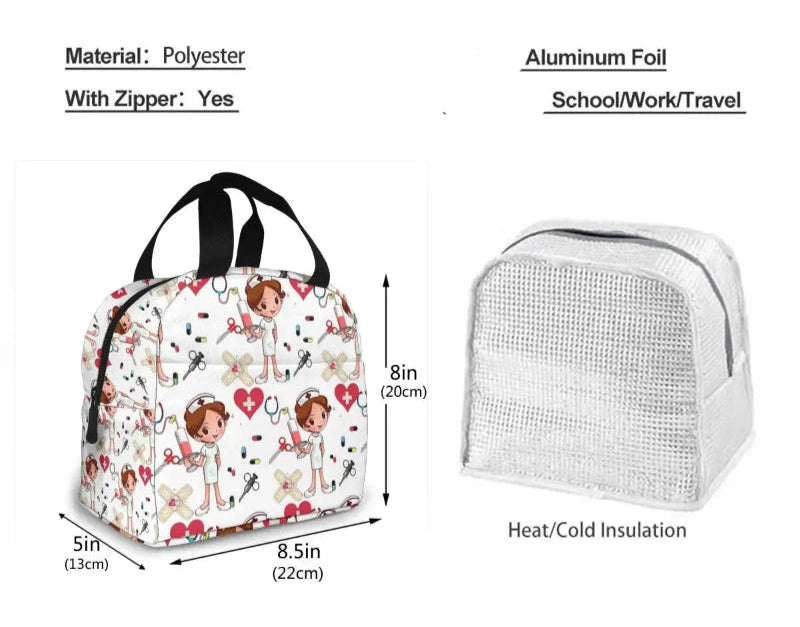 Portable Lunch Bag with Cartoon Nurse Design | Thermal Insulated Tote Cooler for Bento, School, and Food Storage
