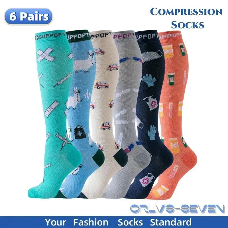 6 Pairs Compression Socks for Men & Women – Ideal for Running, Soccer, Leggings, and Nurses – Pressure Support