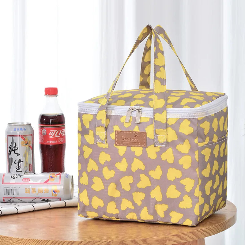 Portable Lunch Bag New Thermal Insulated Lunch Box Tote Cooler Functional Handbag Student Bento Pouch School Food Storage Bags yellow heart