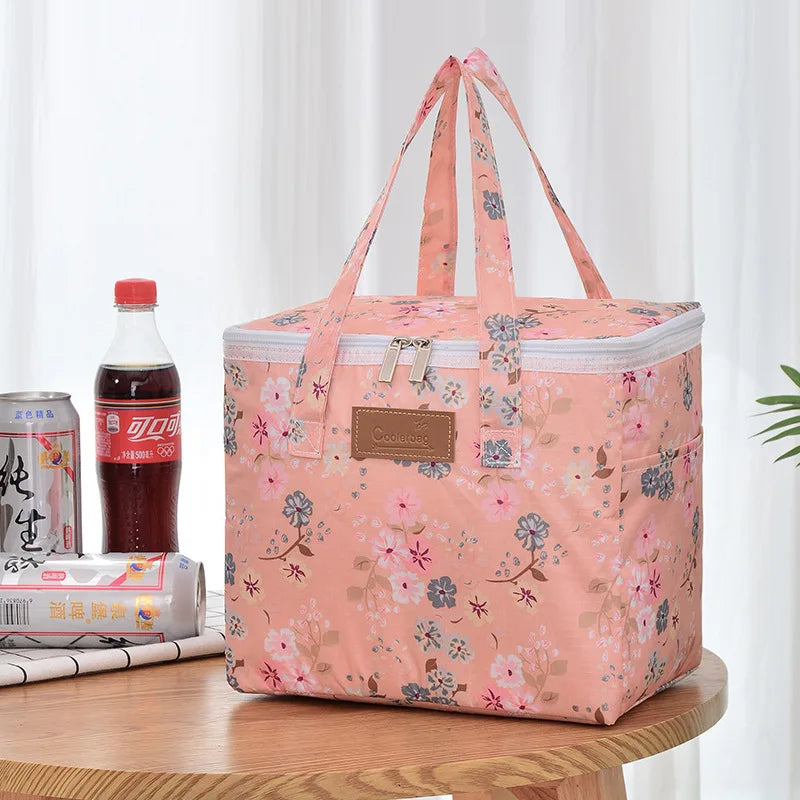 Portable Lunch Bag New Thermal Insulated Lunch Box Tote Cooler Functional Handbag Student Bento Pouch School Food Storage Bags pink flower