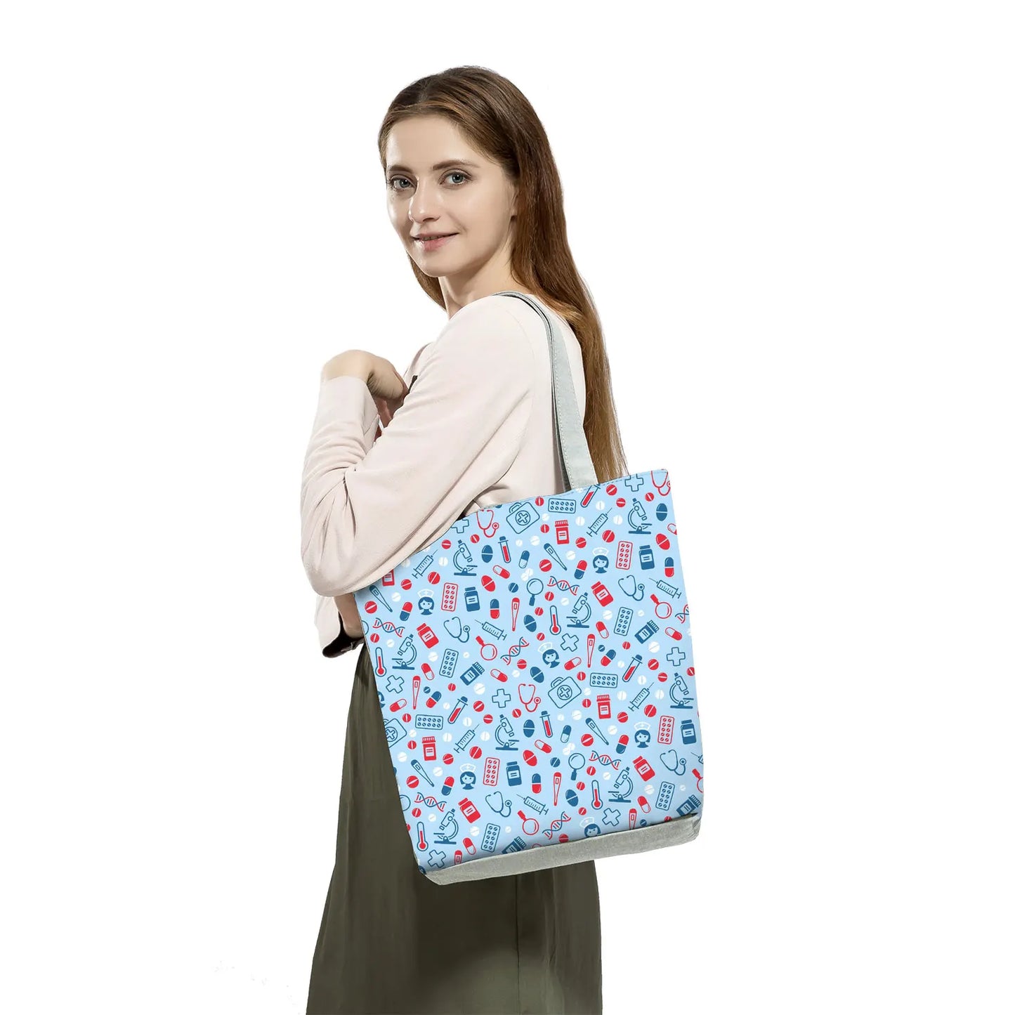 Fashion Tote Customized Cartoon Dentist Nurse Shoulder Bag Eco Reusable Shopping Bag Ladies Handbags for Women Casual Portable - Healthcare Vibes