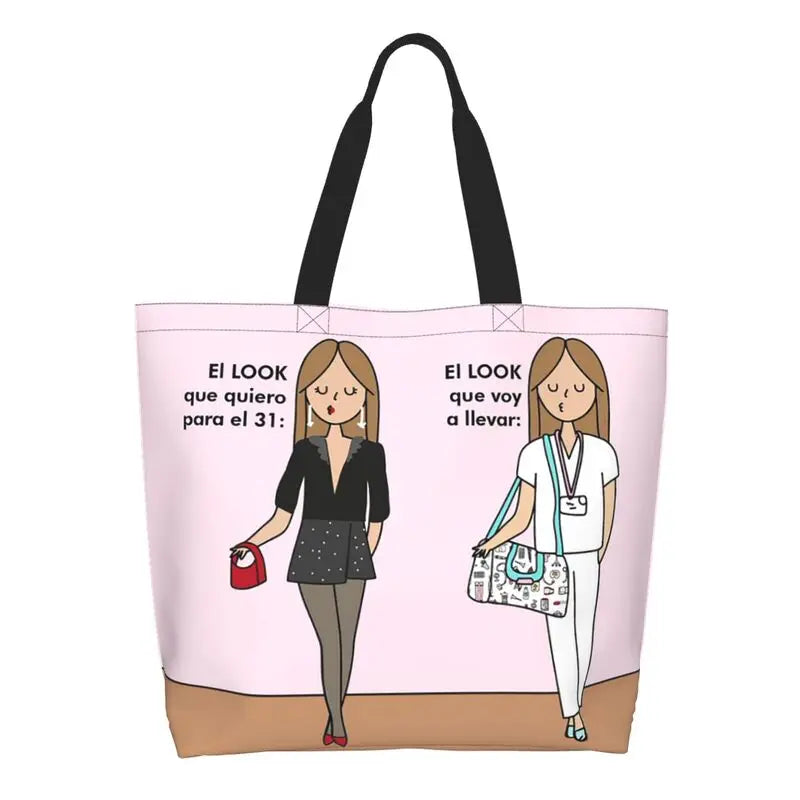 Cartoon Doctor Nurse Enfermera En Apuros Grocery Bags Large Capacity Aesthetic Merch For Woman Street Shoulder Bag 20 One Size