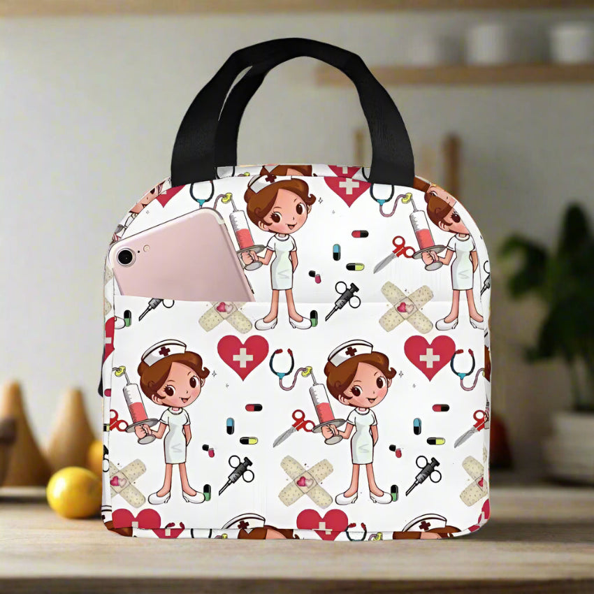 Portable Lunch Bag with Cartoon Nurse Design | Thermal Insulated Tote Cooler for Bento, School, and Food Storage