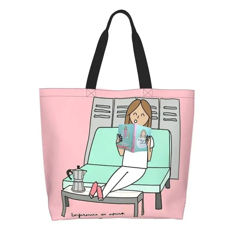 Cartoon Doctor Nurse Enfermera En Apuros Grocery Bags Large Capacity Aesthetic Merch For Woman Street Shoulder Bag 25 One Size