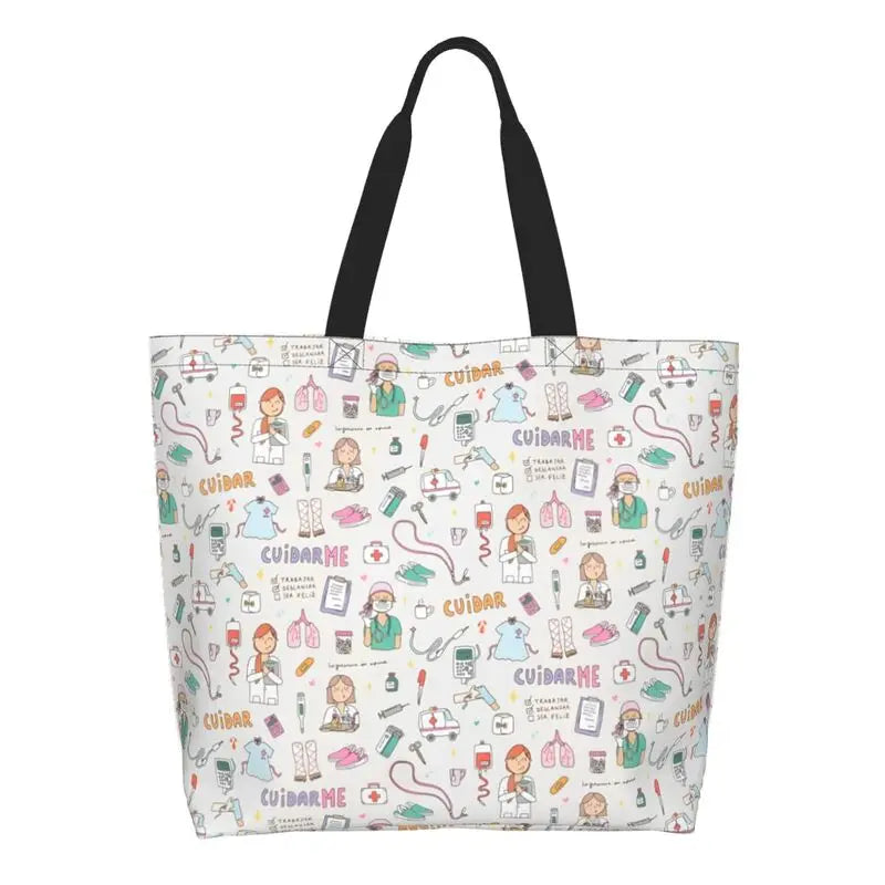 Cartoon Doctor Nurse Enfermera En Apuros Grocery Bags Large Capacity Aesthetic Merch For Woman Street Shoulder Bag 10 One Size