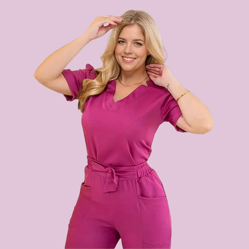 THEY ARE HERE!! Women's Short Sleeve Straight Pants Nursing and Doctor Scrub Jumpsuit with Bow Accent Rose pink