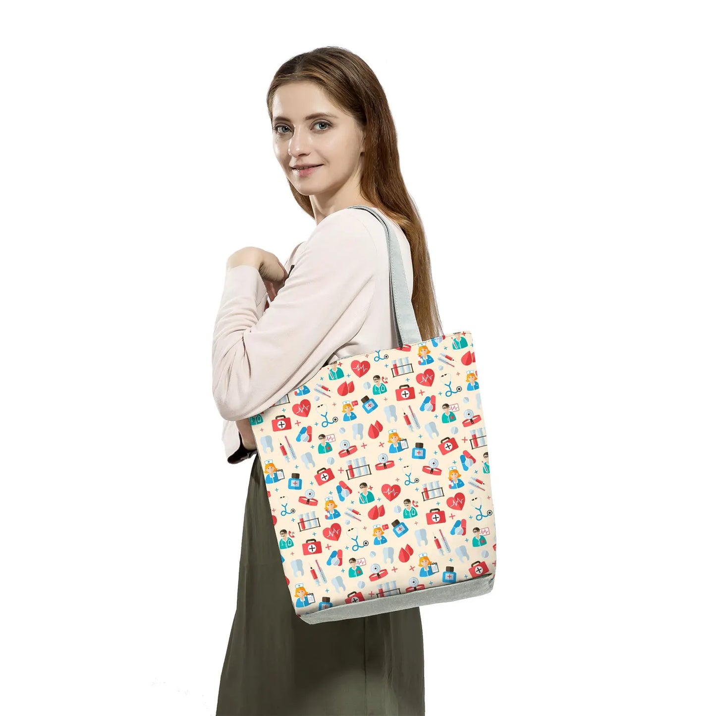 Fashion Tote Customized Cartoon Dentist Nurse Shoulder Bag Eco Reusable Shopping Bag Ladies Handbags for Women Casual Portable - Healthcare Vibes