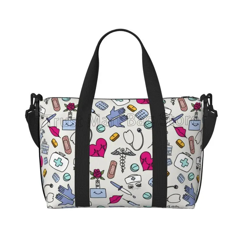 Nurse Medical Theme Travel Duffle Bag Carry on Tote Bags for Sport Gym Lightweight Waterproof Weekender Overnight Bags for Women 1