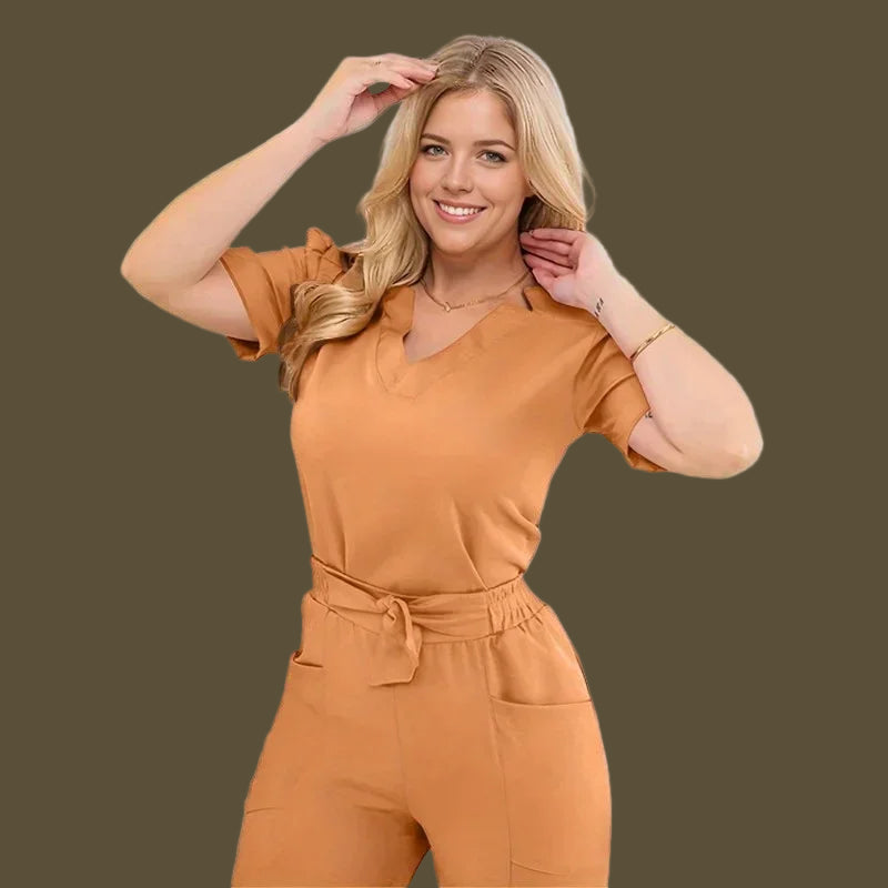 THEY ARE HERE!! Women's Short Sleeve Straight Pants Nursing and Doctor Scrub Jumpsuit with Bow Accent