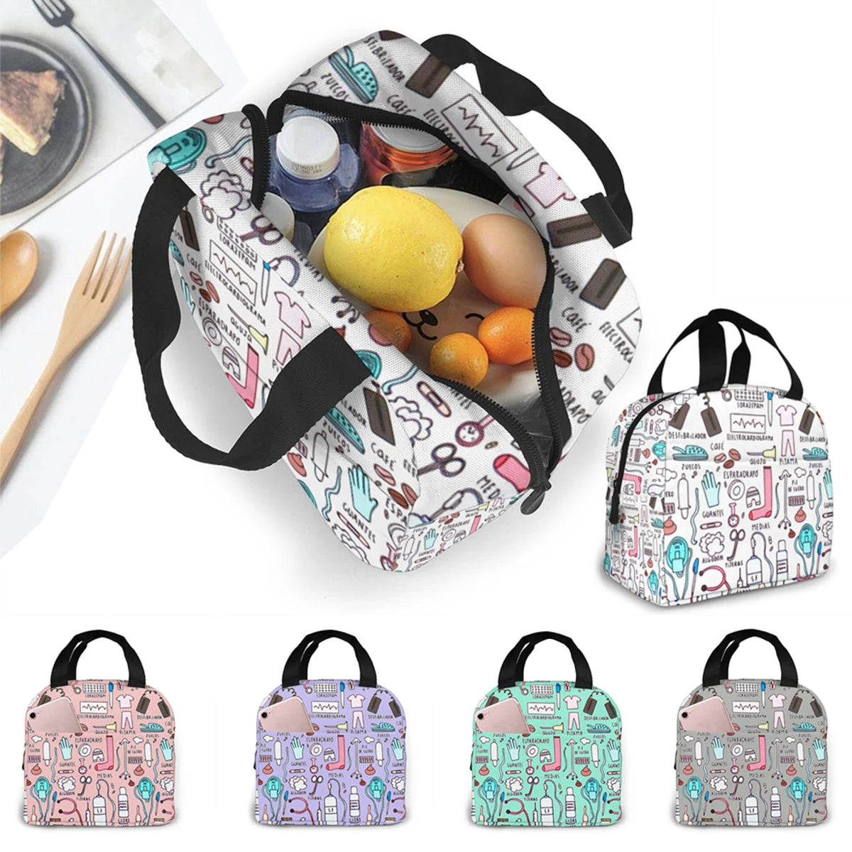 Portable Nurse Bag Insulated Lunch Bags Women Cute Nurse Print Food Case Tote Cooler Bento Bag for Kids Lunch Pouch - Healthcare Vibes