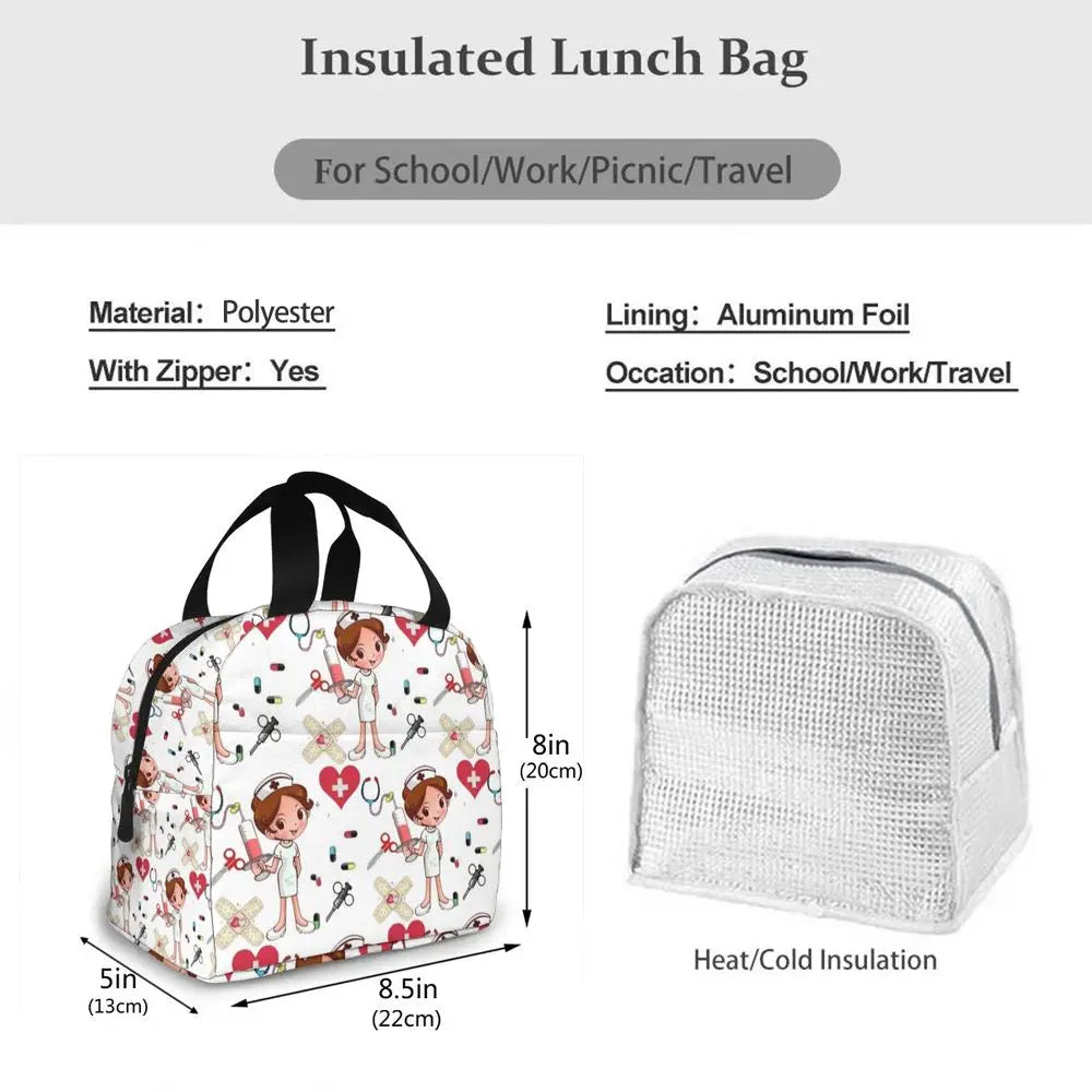 Portable Lunch Bag with Cartoon Nurse Design | Thermal Insulated Tote Cooler for Bento, School, and Food Storage