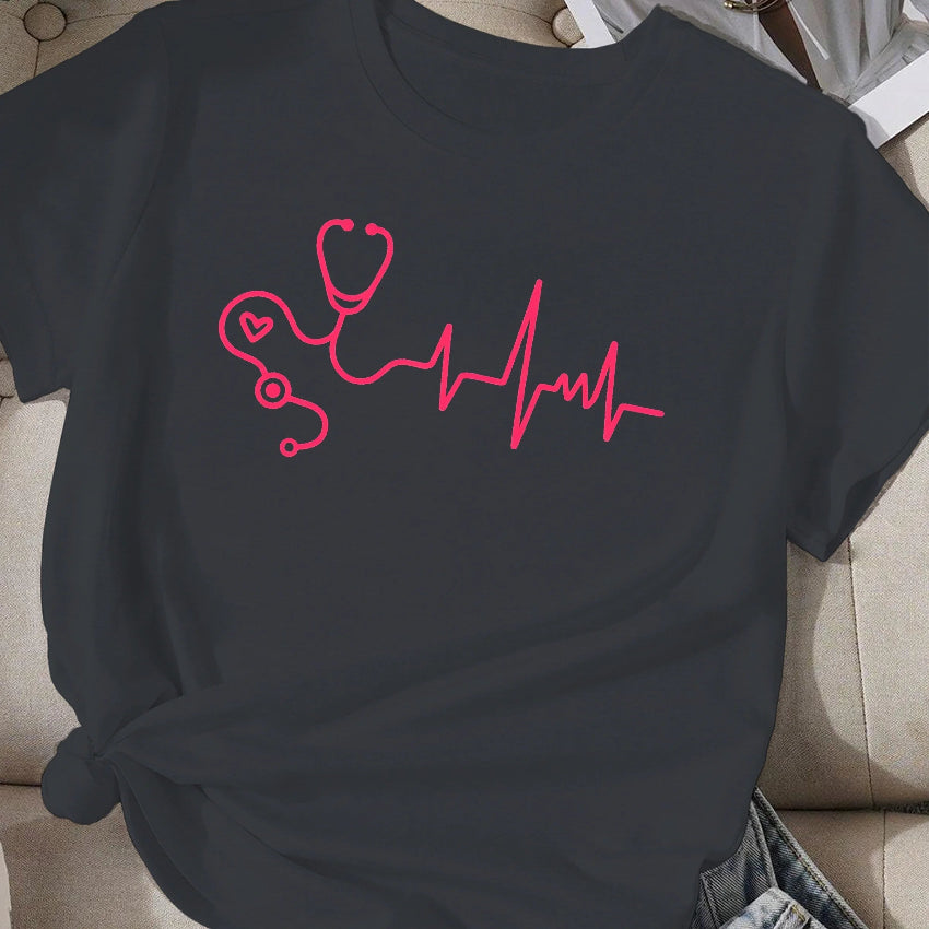 Stethoscope with Heartbeat Waveform T-shirt Features a Fun Stethoscope and Heartbeat Design, Perfect for Healthcare Enthusiasts - Healthcare Vibes