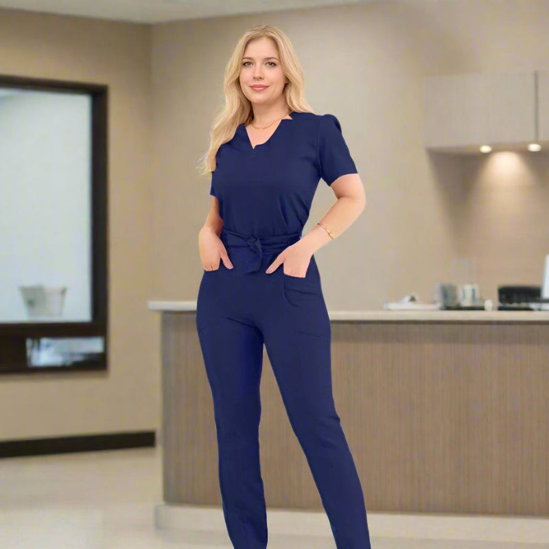 THEY ARE HERE!! Women's Short Sleeve Straight Pants Nursing and Doctor Scrub Jumpsuit with Bow Accent