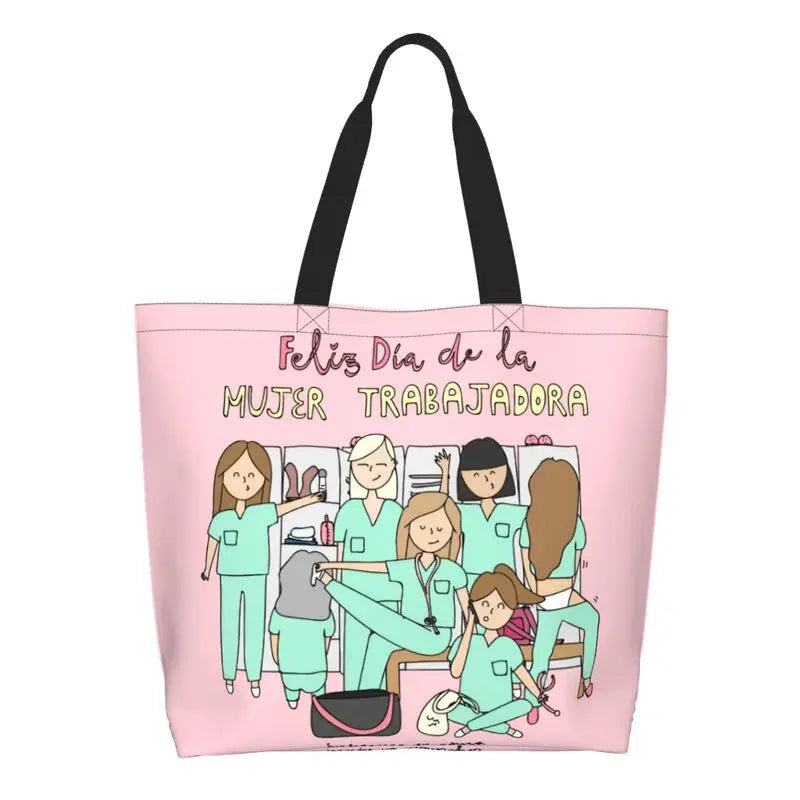 Cartoon Doctor Nurse Enfermera En Apuros Grocery Bags Large Capacity Aesthetic Merch For Woman Street Shoulder Bag 23 One Size