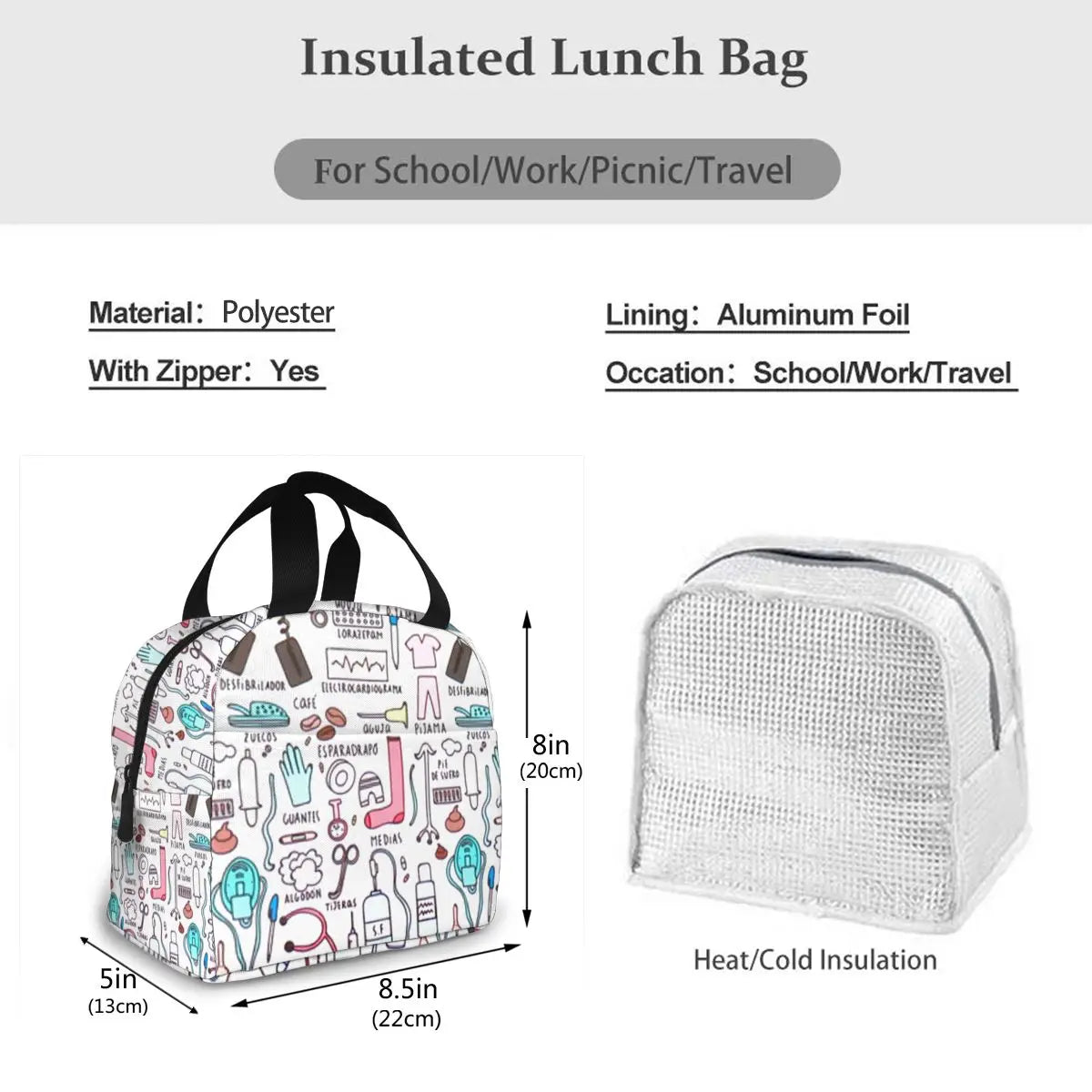 Portable Nurse Bag Insulated Lunch Bags Women Cute Nurse Print Food Case Tote Cooler Bento Bag for Kids Lunch Pouch - Healthcare Vibes