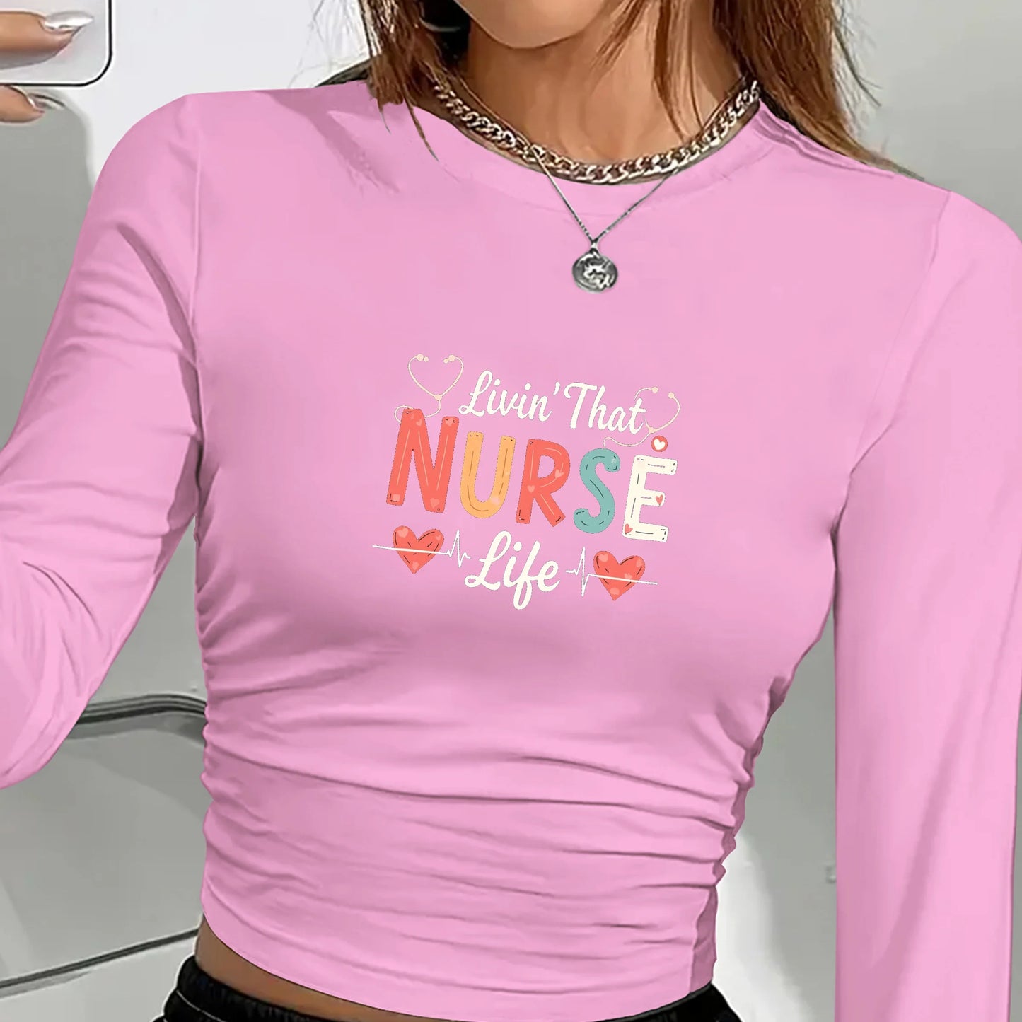 Livin' That NURSE Life Women's Fashion Long Sleeve Shirt with Stethoscope Print Gift - Healthcare Vibes