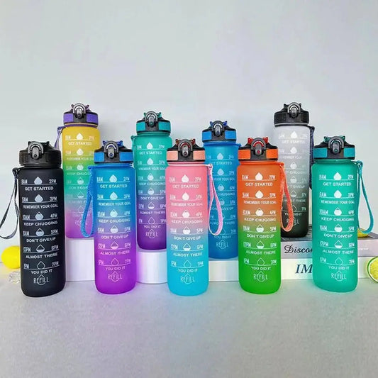 1L Water Bottle with Time Marker, Gradient Color, Motivational Bottle, Leakproof - Healthcare Vibes