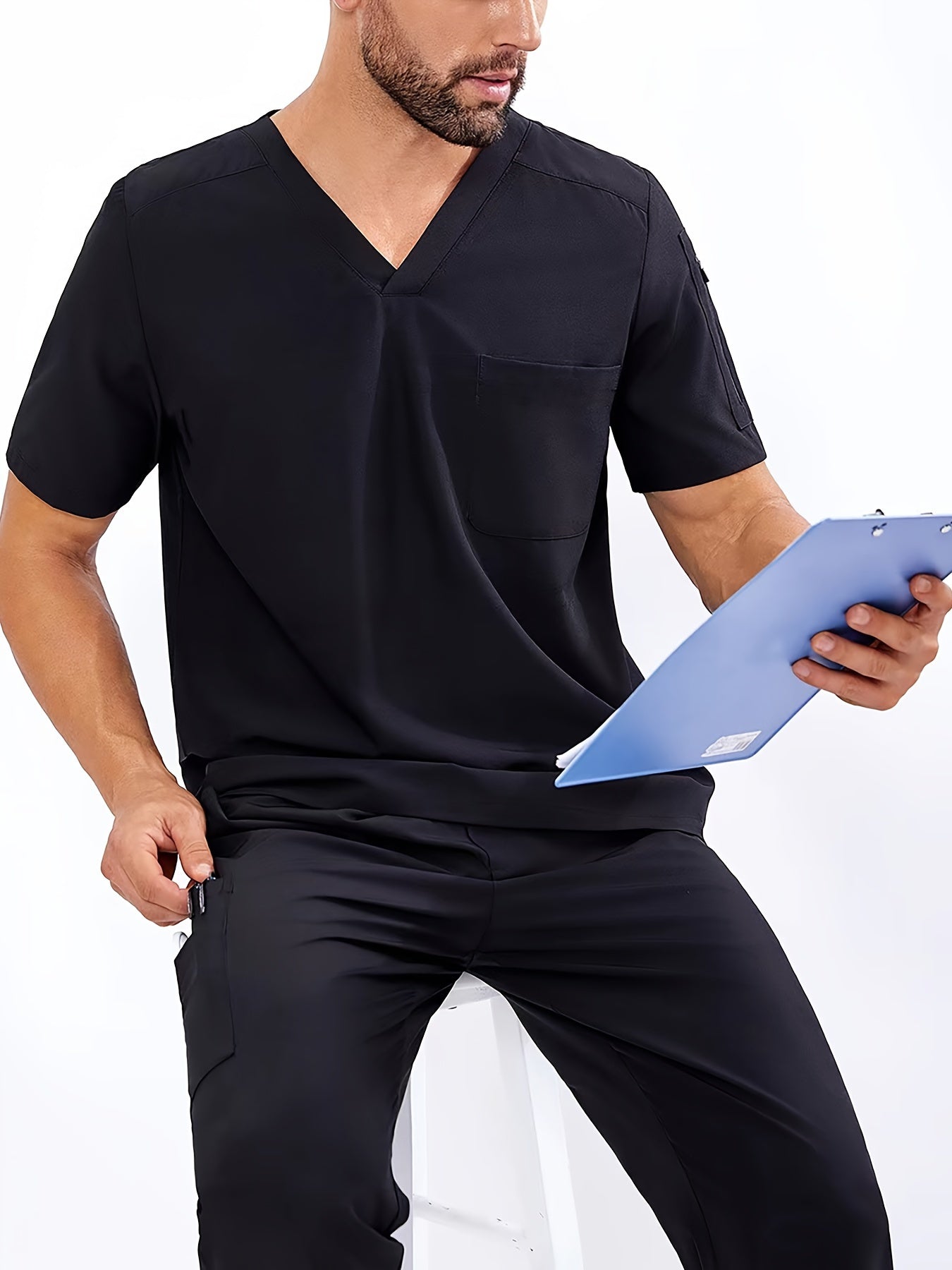 Men's V-Neck Scrubs Set With Multiple Pockets, Solid Color Comfortable Utility Workwear Top And Pants Set - Healthcare Vibes
