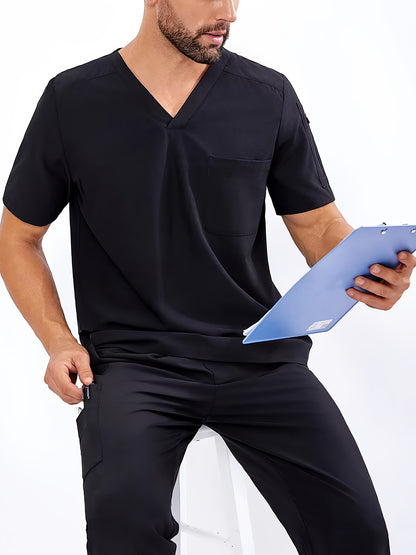 Men's V-Neck Scrubs Set With Multiple Pockets, Solid Color Comfortable Utility Workwear Top And Pants Set - Healthcare Vibes
