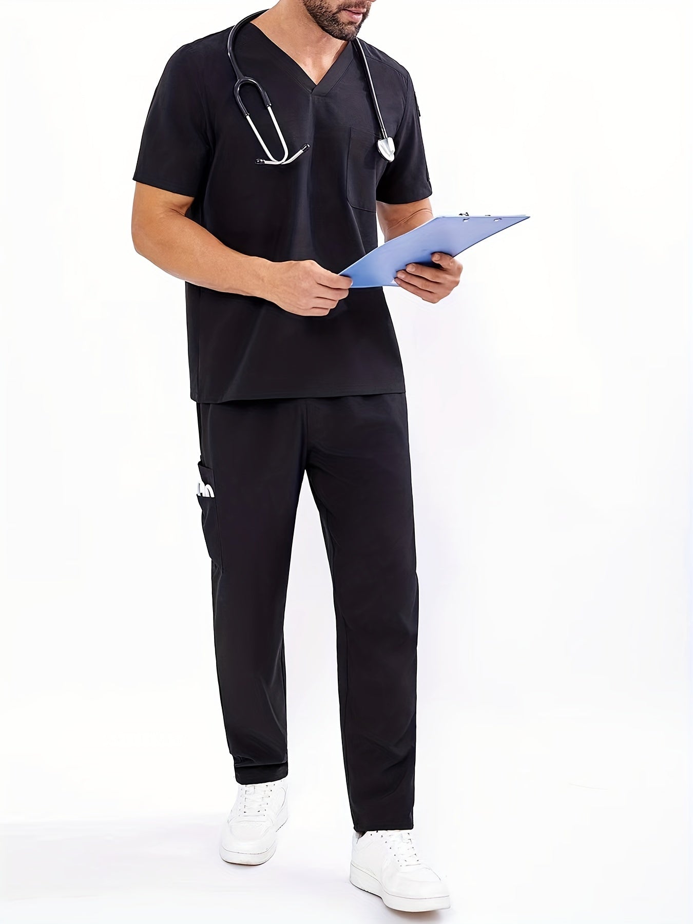 Men's V-Neck Scrubs Set With Multiple Pockets, Solid Color Comfortable Utility Workwear Top And Pants Set - Healthcare Vibes
