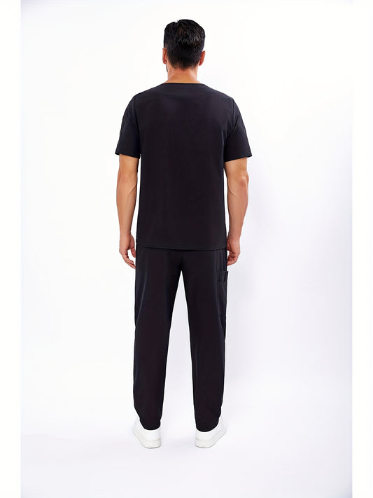 Men's V-Neck Scrubs Set With Multiple Pockets, Solid Color Comfortable Utility Workwear Top And Pants Set - Healthcare Vibes