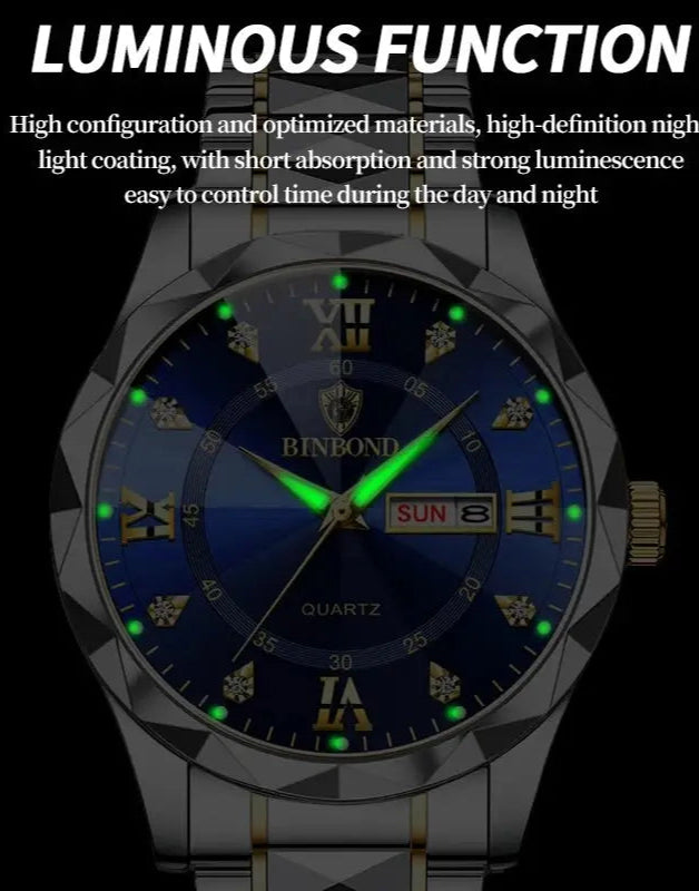 BINBOND Top Brand Luxury Fashion Quartz Watch, Mens, Waterproof, Stainless Steel Quartz Wristwatch - Healthcare Vibes