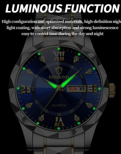 BINBOND Top Brand Luxury Fashion Quartz Watch, Mens, Waterproof, Stainless Steel Quartz Wristwatch - Healthcare Vibes