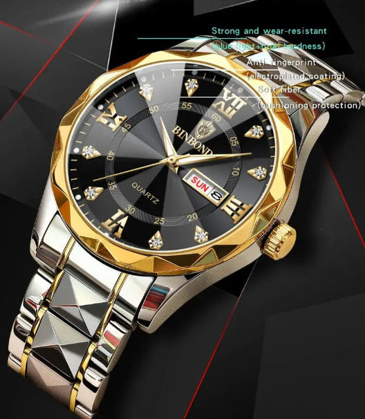 BINBOND Top Brand Luxury Fashion Quartz Watch, Mens, Waterproof, Stainless Steel Quartz Wristwatch - Healthcare Vibes