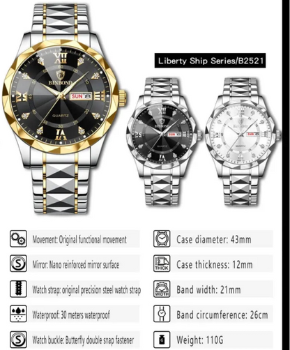 BINBOND Top Brand Luxury Fashion Quartz Watch, Mens, Waterproof, Stainless Steel Quartz Wristwatch - Healthcare Vibes
