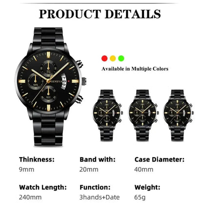 Men’s Black Stainless Steel Quartz Luxury Watch - Healthcare Vibes