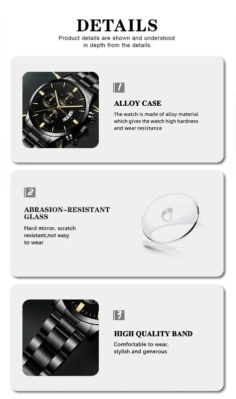 Men’s Black Stainless Steel Quartz Luxury Watch - Healthcare Vibes