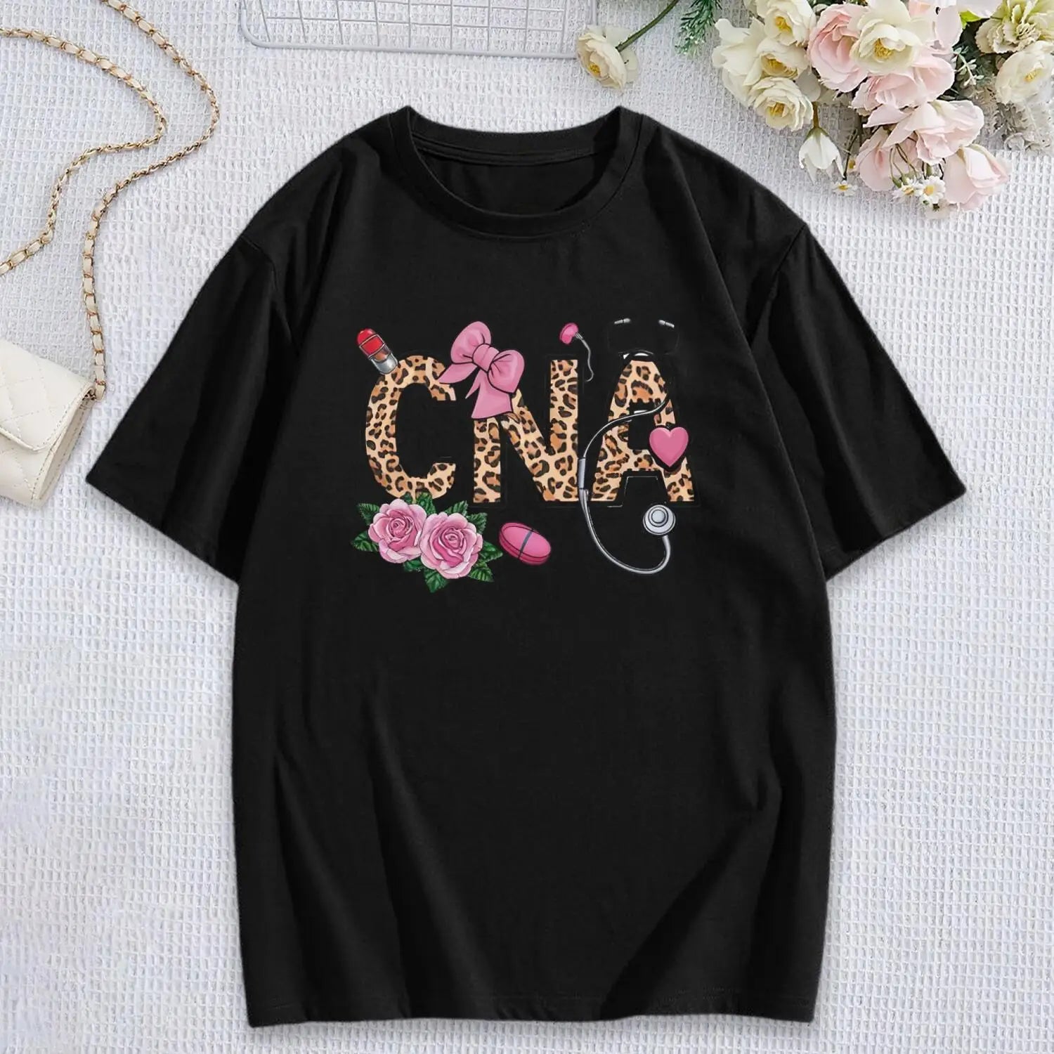 Women's Cute CNA Short Sleeve T-Shirt: Leopard Print Graphic Tee with Stethoscope & Rose, Perfect Gift for Nursing Assistants - Healthcare Vibes