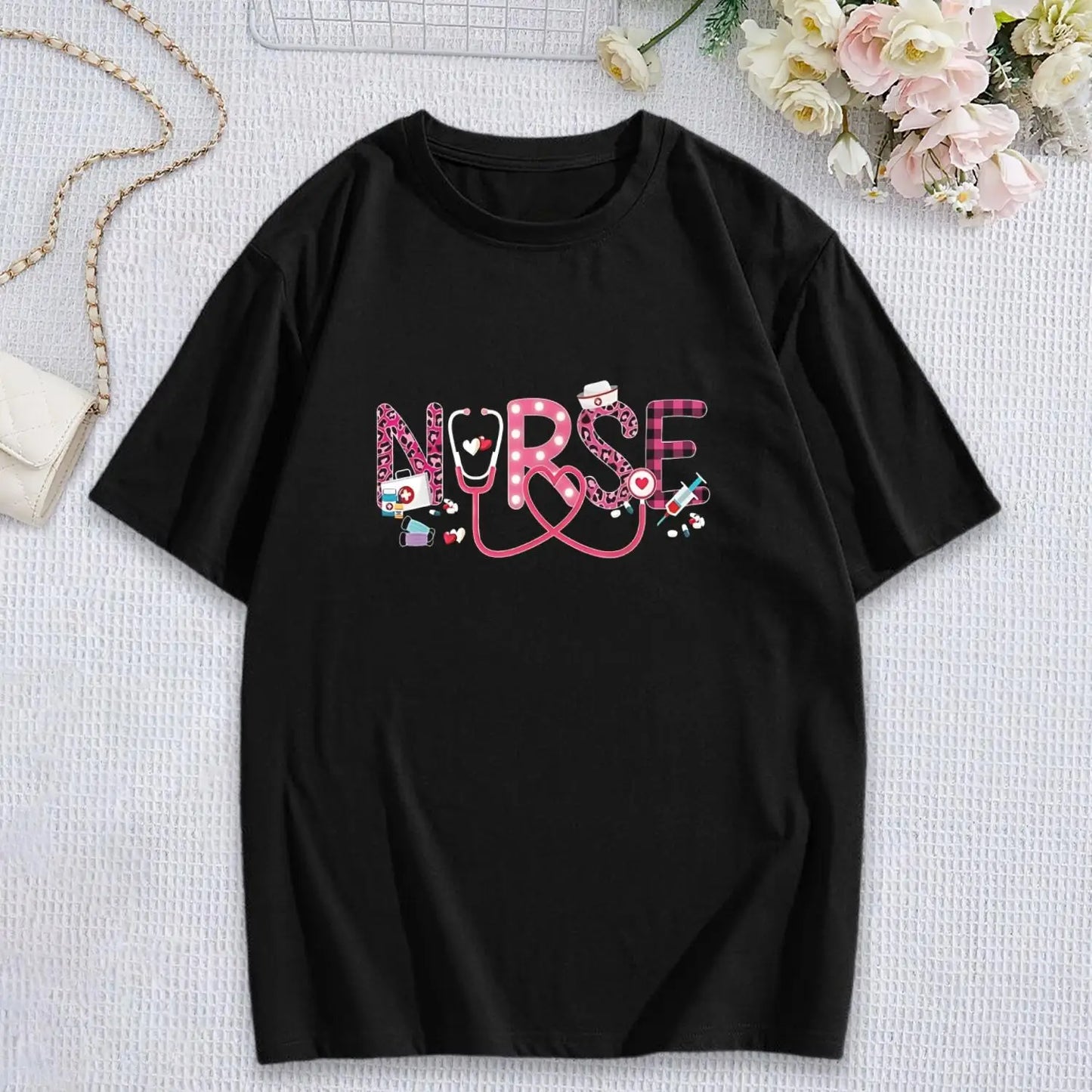 Women's Nurse T-Shirt: Cute Graphic Tee with Stethoscope & Heart Design - Perfect Gift for Nurses - Healthcare Vibes