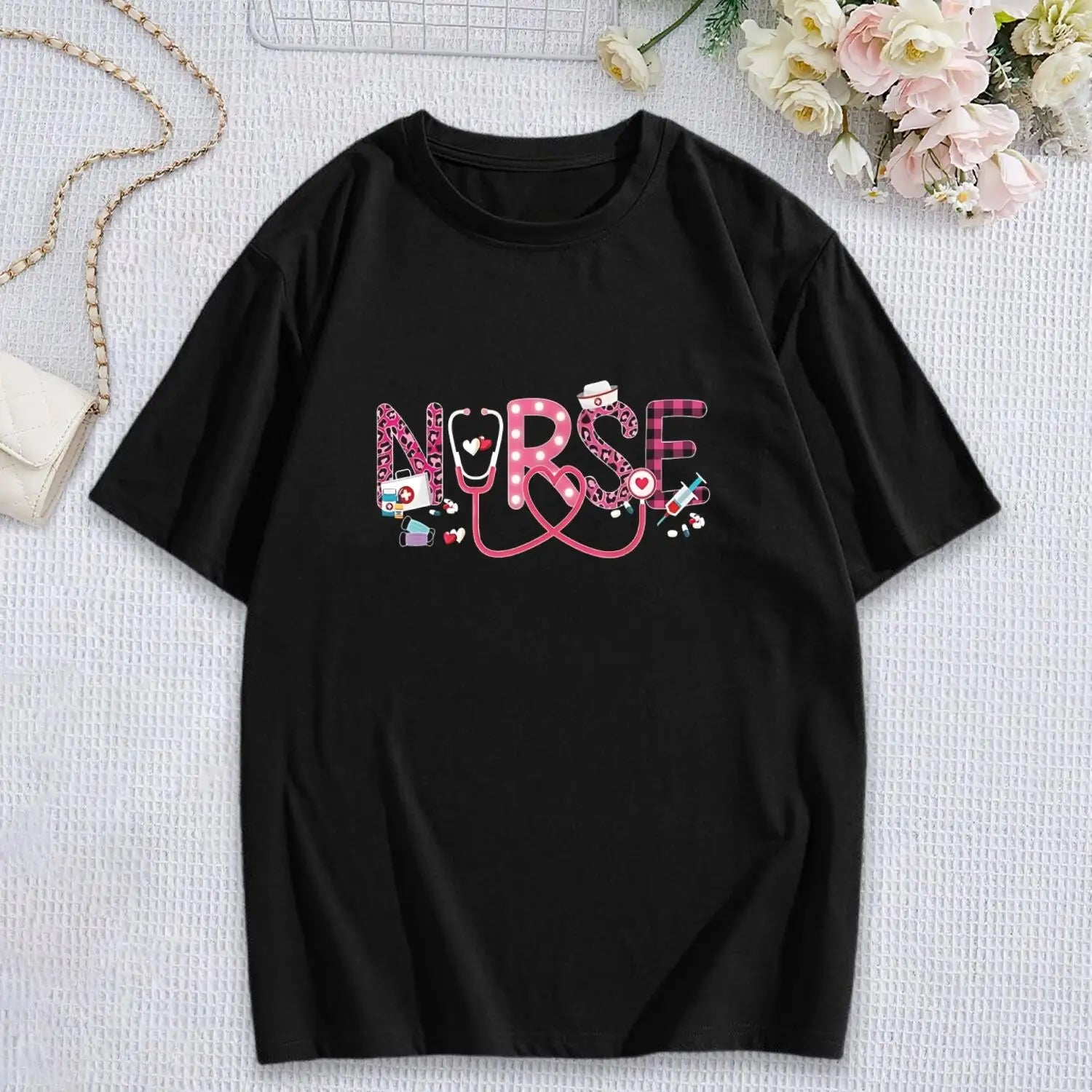 Women's Nurse T-Shirt: Cute Graphic Tee with Stethoscope & Heart Design - Perfect Gift for Nurses - Healthcare Vibes