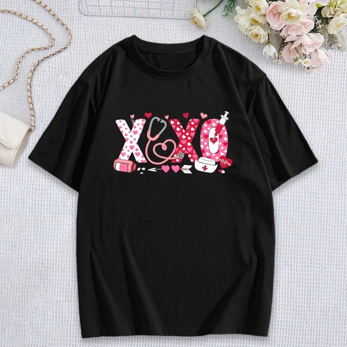 Women's Nurse T-Shirt: XOXO Heart Stethoscope Tee, Cute Medical Gift, Comfortable Work Top - Healthcare Vibes