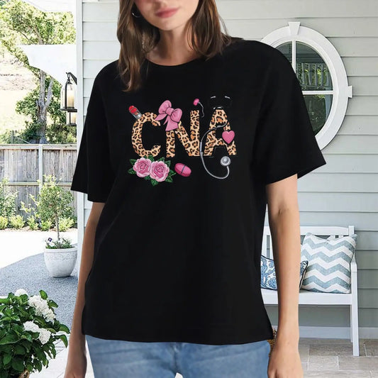Women's Cute CNA Short Sleeve T-Shirt: Leopard Print Graphic Tee with Stethoscope & Rose, Perfect Gift for Nursing Assistants - Healthcare Vibes