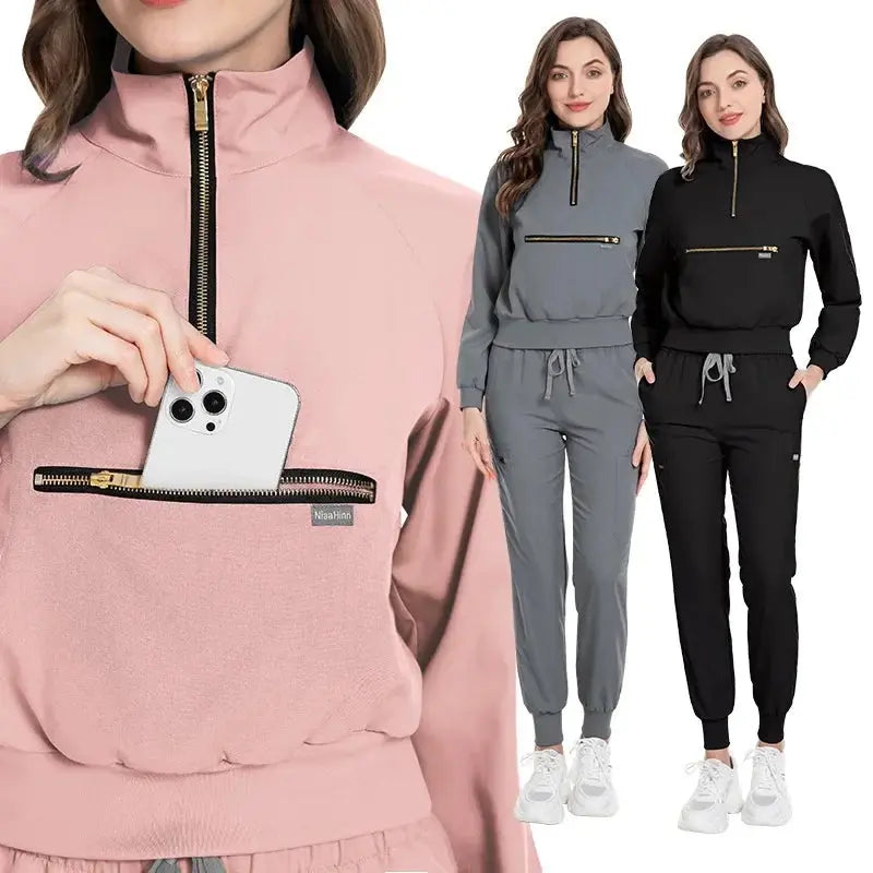 Long Sleeve Scrub Jacket and Matching Pants Set, Jogging Style, Scrubs Sets - Healthcare Vibes