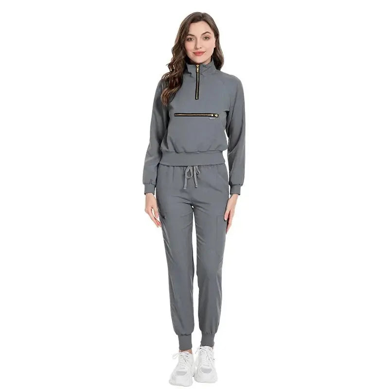 Long Sleeve Scrub Jacket and Matching Pants Set, Jogging Style, Scrubs Sets - Healthcare Vibes