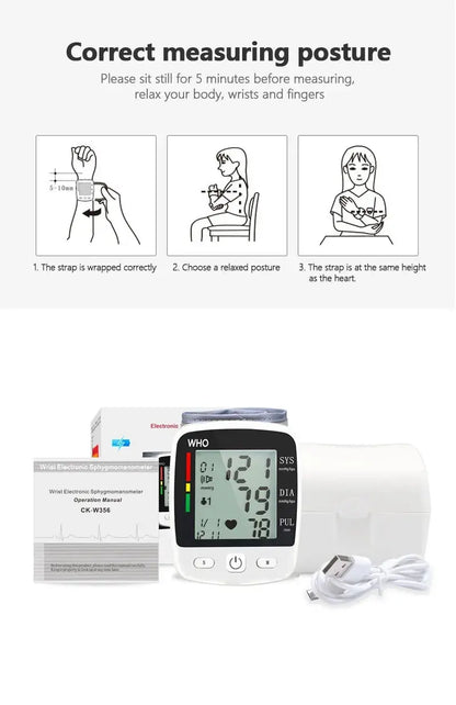 Rechargeable Digital Blood Pressure Monitor, Wrist Electronic BP Cuff - Healthcare Vibes