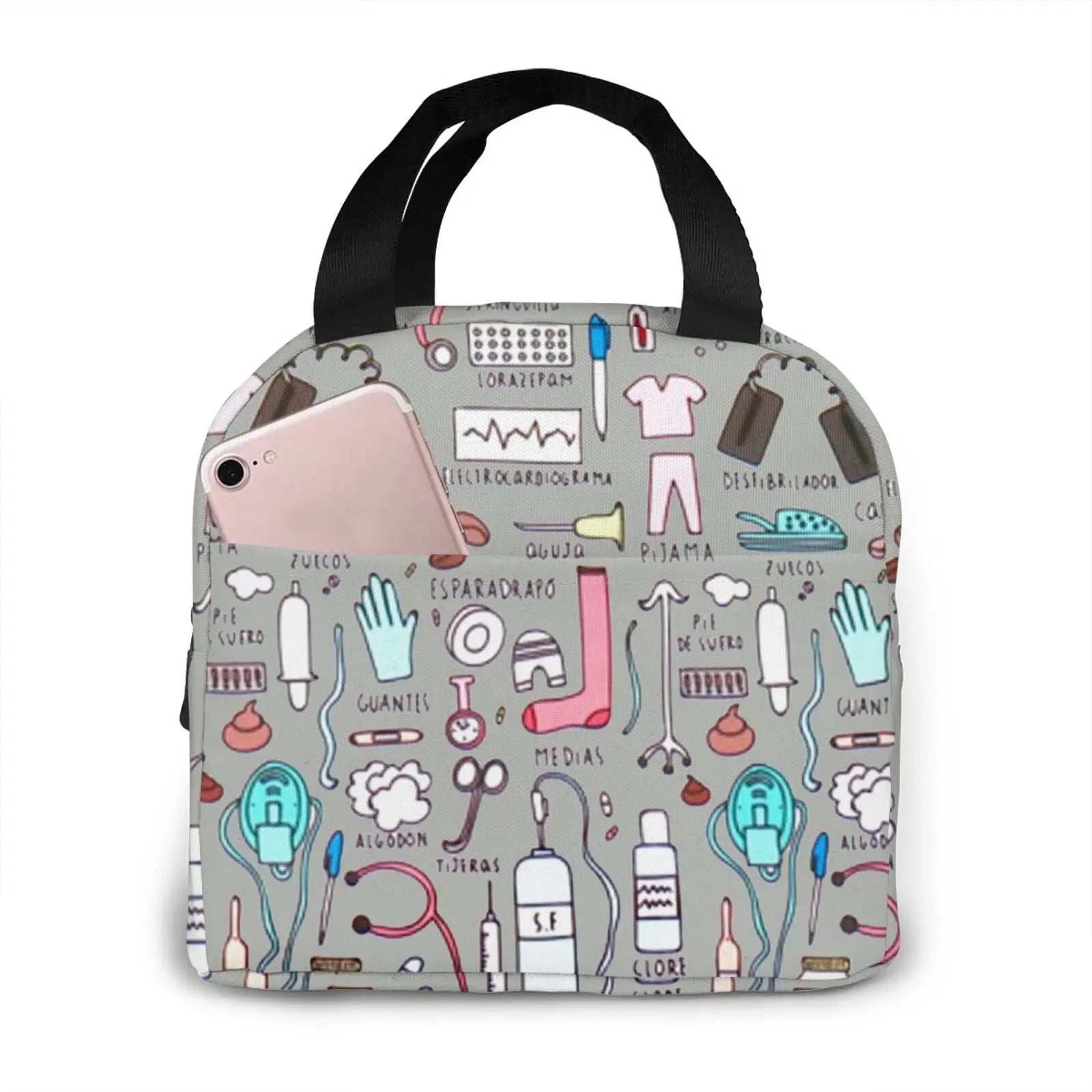 Portable Nurse Bag Insulated Lunch Bags Women Cute Nurse Print Food Case Tote Cooler Bento Bag for Kids Lunch Pouch - Healthcare Vibes