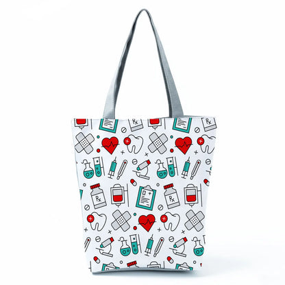 Cartoon Ladies Nurse Print Handbags Foldable High Capacity Women Shoulder Bags Eco Reusable Shopping Bags Travel Beach Tote Bags - Healthcare Vibes