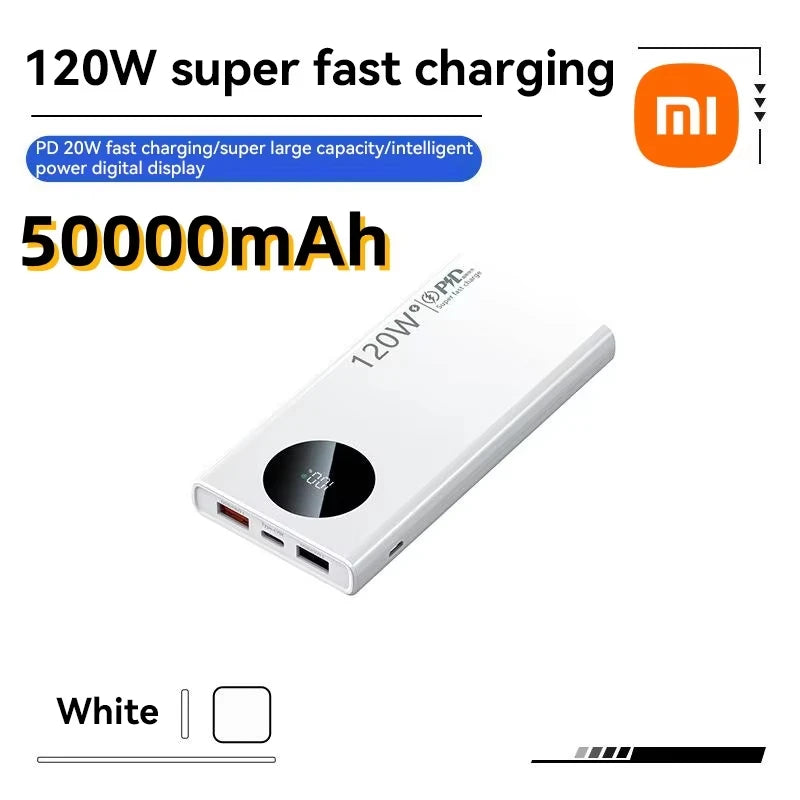 High Capacity Power Bank, Fast Charging, 120W 500000mAh Portable Battery Charger For iPhone Samsung Huawei 2025 White 50000mAh