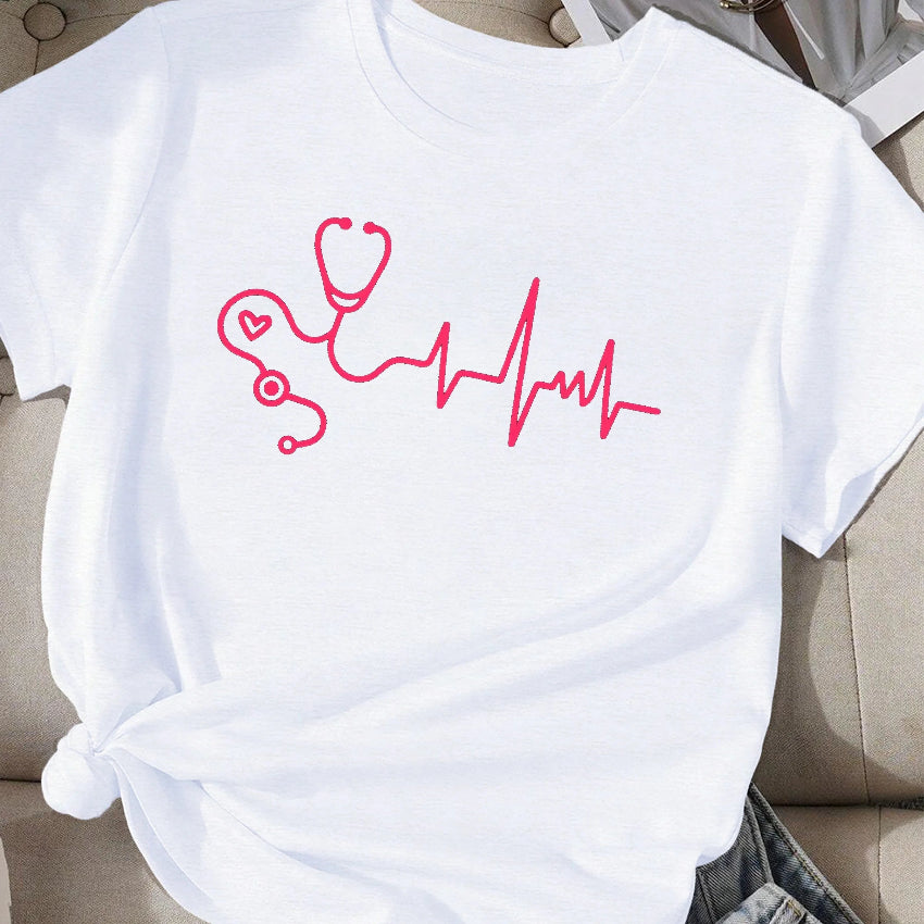 Stethoscope with Heartbeat Waveform T-shirt Features a Fun Stethoscope and Heartbeat Design, Perfect for Healthcare Enthusiasts - Healthcare Vibes