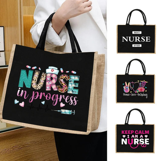 Burlap Shopping Bags Vintage Jute Imitation Sacks Linen Bag Beach Laminated Bag Nurse Series Reusable Grocery Storage Pounch - Healthcare Vibes